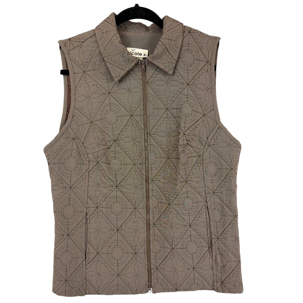Nicole Z Brown Quilted Zip Up Tonal Stitching Puffer Vest M